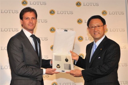 Dany Bahar, CEO of Group Lotus (left) presented  the keys to the Lotus Elise R alongside a commemorative plaque encased in a leather wallet to Toyota Motor Corporation President, Akio Toyoda (right)   