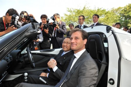 Dany Bahar, CEO of Group Lotus (right) and Toyota Motor Corporation President, Akio Toyoda (left) in the Lotus Elise R housing the final Toyota 2ZZ-GE engine produced